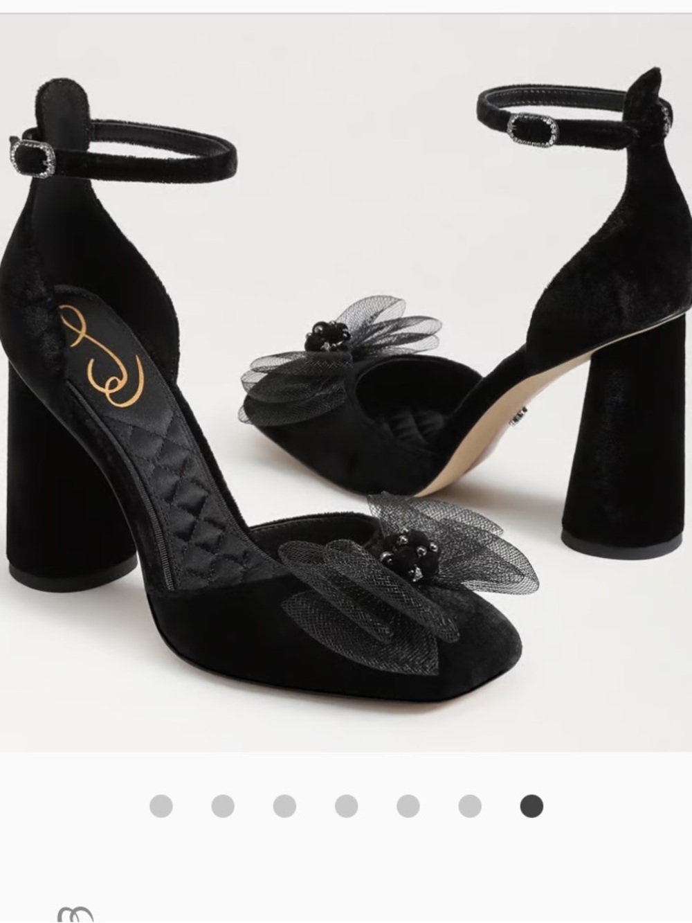 Sam Edelman Black Velvet Ankle-Strap Block Heels with Tulle Flower